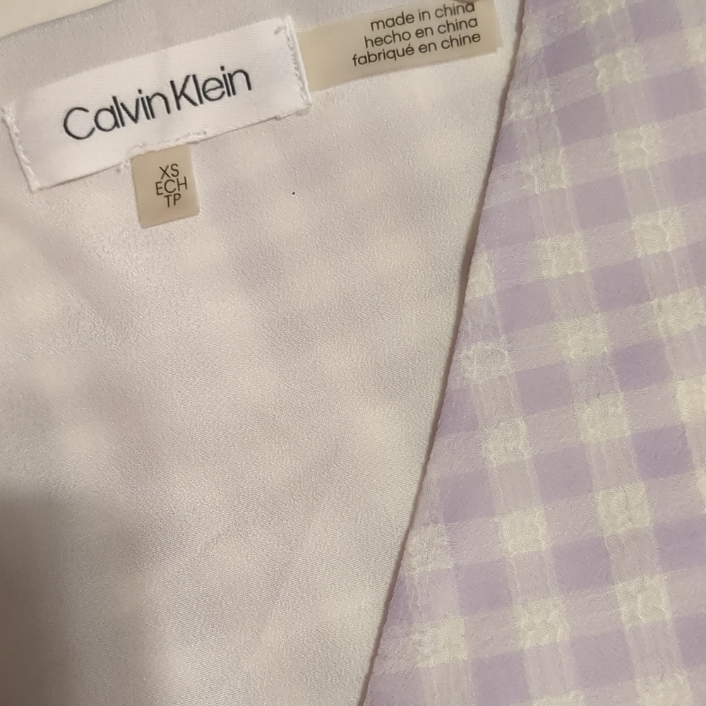 Calvin Klein Women Purple/White-V Neck Blouse 3/4 Sleeves Gingham check Size S - Picture 8 of 11